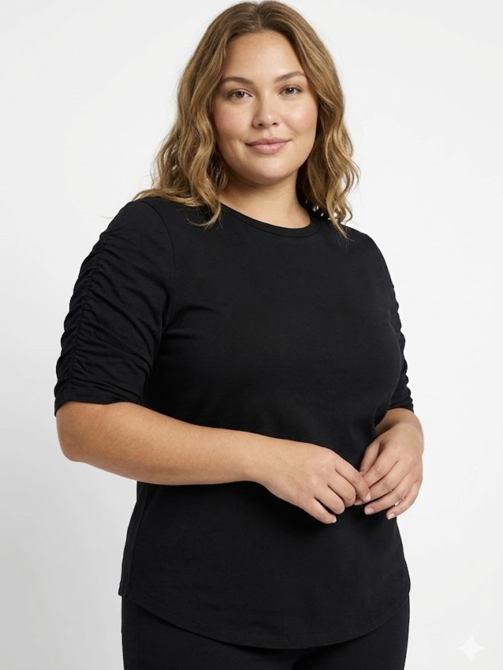Time and Tru Black Ruched Elbow Sleeve Tee